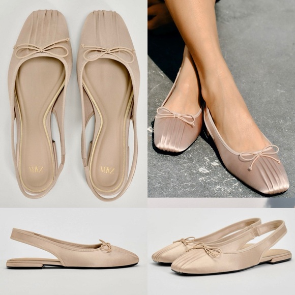 Zara NWT creased, bow detail cream satin slingback ballet flats - Picture 1 of 8